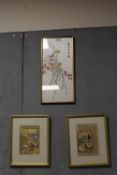 TWO INDIAN STYLE GOLD LEAF AND SCRIPT PICTURES OF HUNTING SCENES, TOGETHER WITH AN ORIENTAL SILK