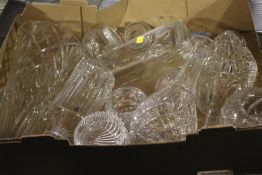 A TRAY OF ASSORTED CUT GLASS DECANTERS ETC