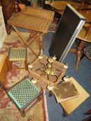 A PAIR OF DUMB WAITER STANDS, BASKET, FOUR ASSORTED STOOLS, LIGHT FITTING, A-BOARD ETC