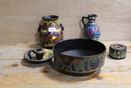 FIVE PIECES OF GOUDA WARE TO INCLUDE A FRUIT BOWL