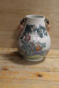 A LARGE CHINESE STAG HANDLED VASE DECORATED WITH CLASSICAL SCENES WITH CHARACTER MARK TO BASE