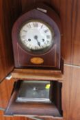 AN INLAID DOME MANTLE CLOCK TOGETHER WTIH A BAROMETER (2)