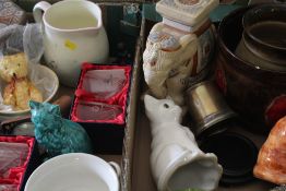 TWO TRAYS OF ASSORTED CERAMICS AND GLASS TO INCLUDE CAT FIGURES ETC