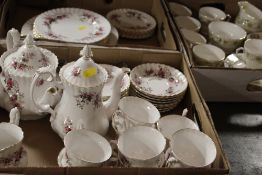 TWO TRAYS OF ROYAL ALBERT LAVENDER ROSE TEA AND DINNERWARE TOGETHER WITH A TRAY OF DUCHESS CHINA