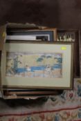 A TRAY OF ASSORTED PICTURES AND PRINTS TO INCLUDE AN ORIENTAL CRANE EXAMPLE