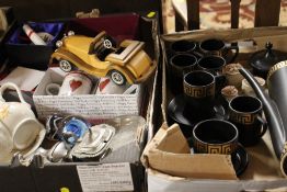 TWO TRAYS OF CERAMICS ETC TO INCLUDE PORTMEIRION GREEK KEY PATTERN COFFEE WARE