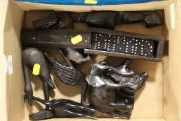 AN EAST AFRICAN MAKONDE TANZANIAN EBONY LETTER OPENER, MINIATURE MALAWI DOMINOES SET, SOAPSTONE