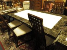 A LARGE COLOURED MARBLE DINING TABLE WITH SIX CHAIRS H-77 L-180 CM