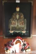 A FRAMED PICTURE OF AN ORIENTAL GENTLEMAN SEATED ON A THRONE TOGETHER WITH A PAINTED WALL MASK (2)