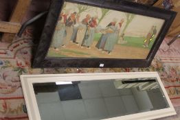 AN OAK FRAMED AND GLAZED VINTAGE DUTCH SCENE TOGETHER WITH A TALL RECTANGULAR MIRROR (2)