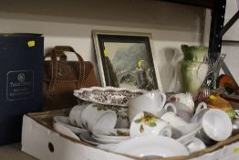 THREE TRAYS OF ASSORTED CERAMICS AND GLASS ETC TO INCLUDE BOXED CRYSTAL GLASSES