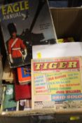 A BOX OF VINTAGE FOOTBALL PROGRAMMES, COMICS ETC