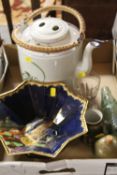 A LARGE ORIENTAL STYLE CERAMIC KETTLE, ANTIQUE DRINKING GLASS ETC