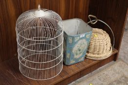 A VINTAGE BIRDCAGE TOP, METAL WASTE PAPER BIN ETC