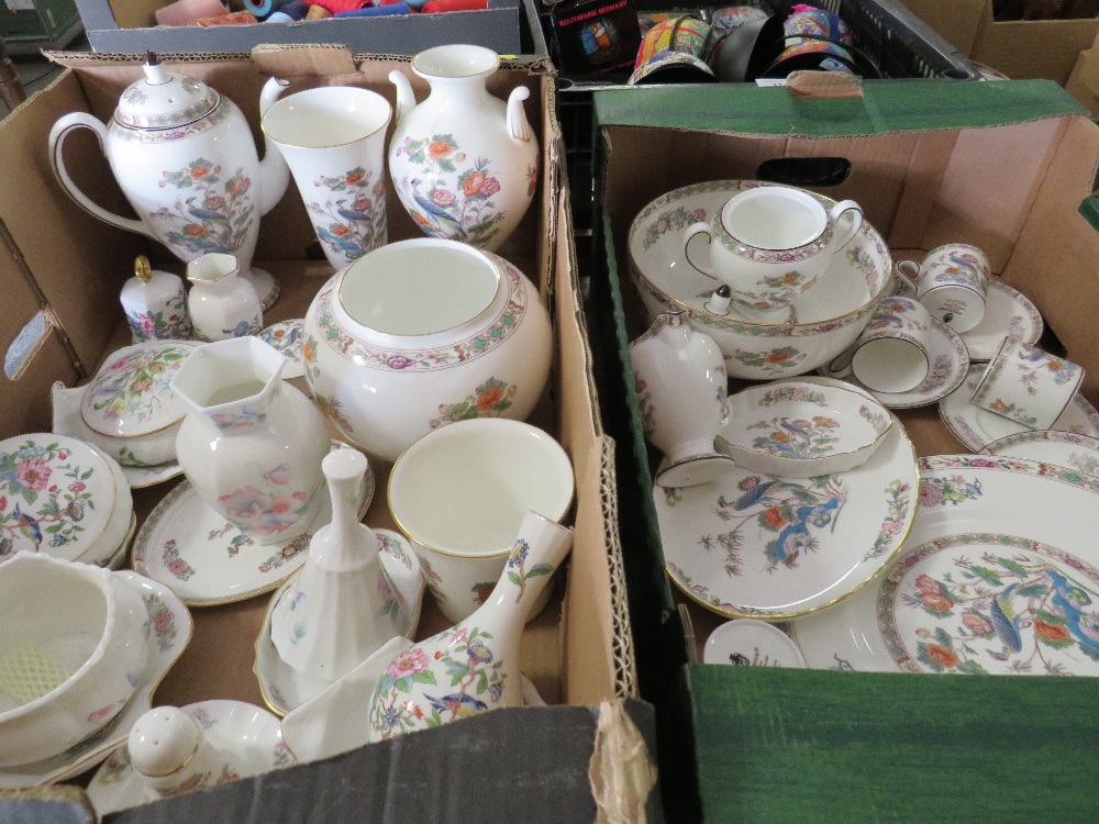 TWO TRAYS OF WEDGWOOD 'KUTANI CRANE' PATTERN COFFEE SET, DECORATIVE VASES, TRINKETS ETC