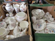 TWO TRAYS OF WEDGWOOD 'KUTANI CRANE' PATTERN COFFEE SET, DECORATIVE VASES, TRINKETS ETC