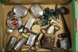 A SMALL TRAY OF COLLECTABLES TO INCLUDE BOTTLE OPENERS TOBACCO BOXES ETC