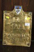 A VINTAGE BRASS SIGN FOR LEES HALL - MANCHESTER UNIVERSITY
