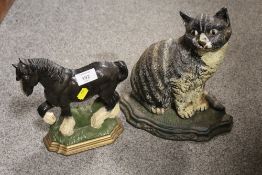 A CAST METAL SHIRE HORSE DOOR STOP TOGETHER WITH A CAT EXAMPLE