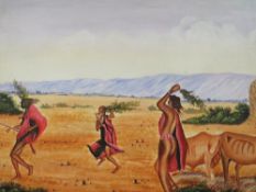 CONTEMPORARY AFRICAN SCHOOL ACRYLIC ON CANVAS DEPICTING MASAI WARRIORS WITH CATTLE