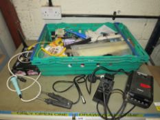 VARIOUS SOLDERING IRONS, TORCH SET, TERMINAL BLOCKS, BATTERY PACKS, SOLDER, BRAZING RODS, EARTHING