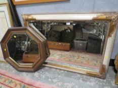 A MODERN FRAMED RECTANGULAR MIRROR TOGETHER WITH A WOODEN FRAMED OCTAGONAL EXAMPLE (2)