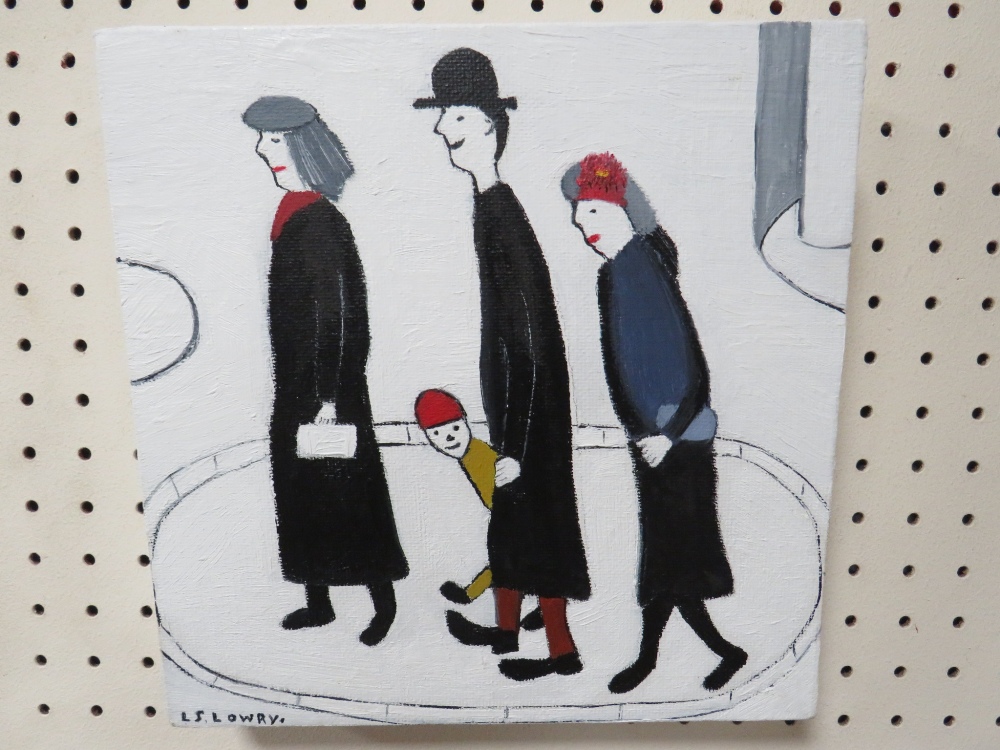 S. HALL - FOLLOWER OF L.S. LOWRY, 'FAMILY SUNDAY WALK', A SMALL OIL ON CANVAS, SIGNED TO THE