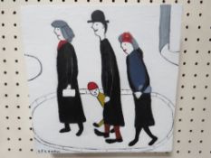 S. HALL - FOLLOWER OF L.S. LOWRY, 'FAMILY SUNDAY WALK', A SMALL OIL ON CANVAS, SIGNED TO THE