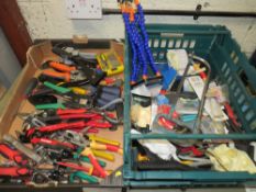 TWO TRAYS CONTAINING VARIOUS SPECIALISED HAND TOOLS, CRIMPERS, METAL CUTTERS, SCREW DRIVERS, SIX ARM