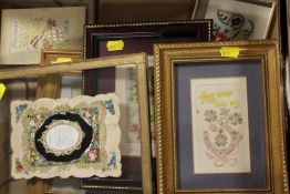 A TRAY OF FRAMED AND GLAZED EMBROIDERED CARDS TO INC A GILT FRAMED DOUBLE SIDED EXAMPLE