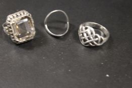 A GEM SET RING STAMPED 830 TOGETHER WITH TWO SILVER RINGS (3)
