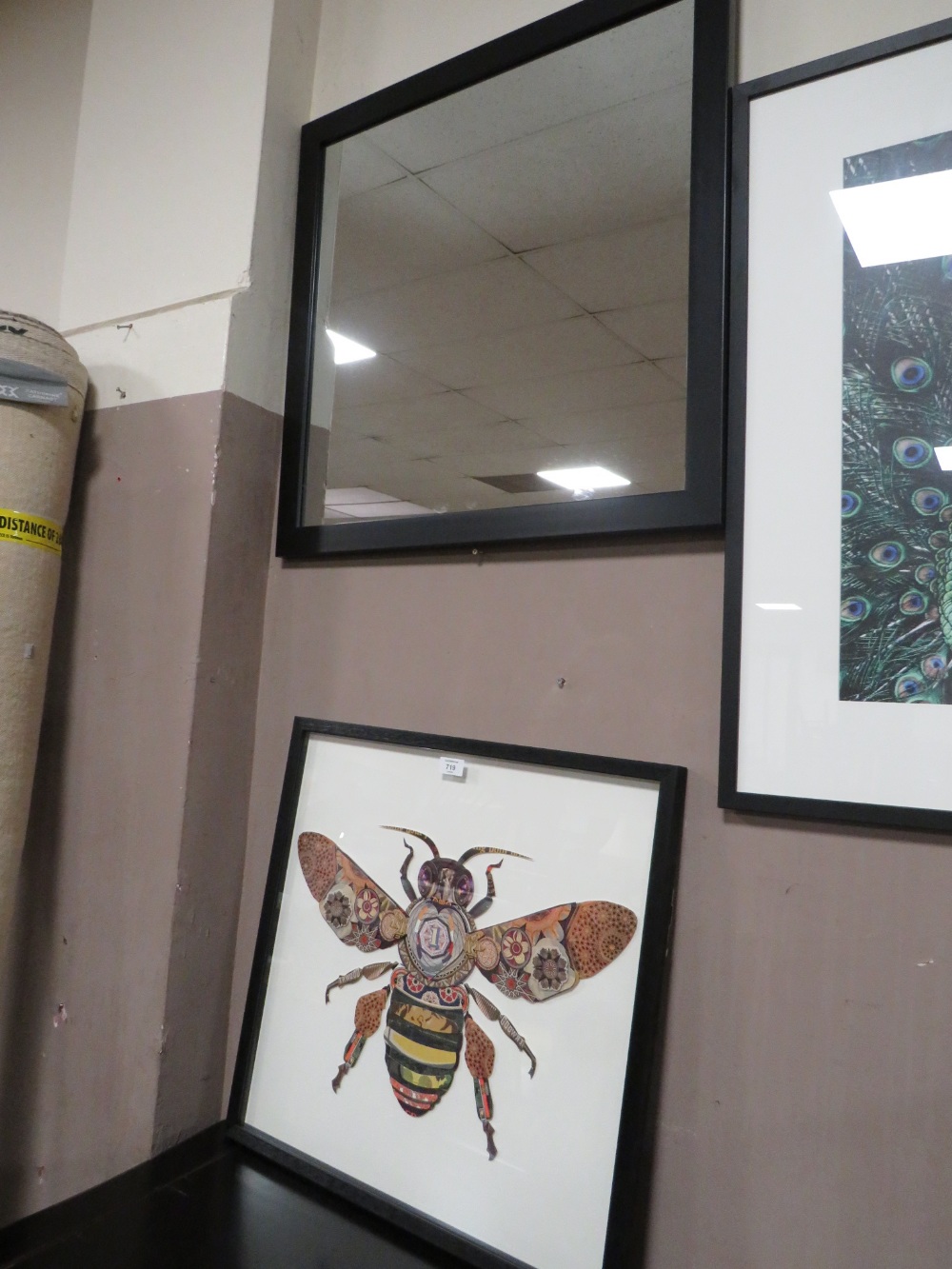 A MODERN WASP DECOUPAGE STYLE PICTURE AND A BLACK FRAMED MIRROR