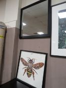 A MODERN WASP DECOUPAGE STYLE PICTURE AND A BLACK FRAMED MIRROR