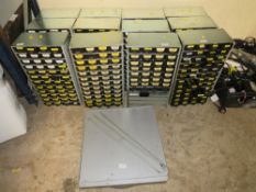 A TWELVE SECTION SMALL PARTS CAROUSEL CONTAINING VARIOUS ELECTRONIC COMPONENTS, CAPACITORS, LEDS,