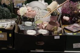 THREE TRAYS OF EX SHOW HOME ASSORTED BATHROOM AND FLORAL THEMED HOME ACCESSORIES ETC