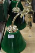 THREE BRASS WALL LIGHTS WITH GREEN GLASS SHADES
