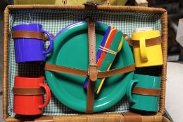 A WICKER PICNIC HAMPER SET & CONTENTS