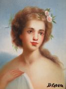 A SMALL GILT FRAMED PORTRAIT PAINTING OF A LADY IN TYPICAL COSTUME SIGNED D. GOETZ