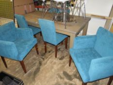 A LARGE MODERN EXTENDING DINING TABLE WITH SIX MATCHED TEAL COLOURED CHAIRS