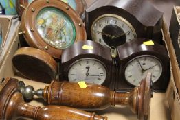A TRAY OF ASSORTED CLOCKS, CANDLESTICKS ETC