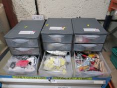 THREE PLASTIC DRAWERS CONTAINIGN JIG CLAMPS, CABLE TIE MOUNTS, POTTING BOXES, WIRE WOUND