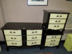 A MODERN CREAM AND BLACK SHAPED SIX DRAWER CHEAT AND A PAIR OF MATCHING BEDSIDE CHESTS (3)