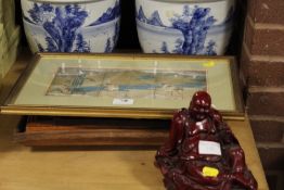 A TRAY OF ASSORTED PICTURES AND PRINTS TO INCLUDE AN ORIENTAL CRANE EXAMPLE, TWO BLUE AND WHITE THAI