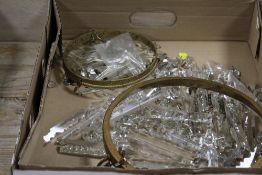 A TRAY OF VINTAGE GLASS LUSTRES TOGETHER WITH TWO CEILING HOLDERS