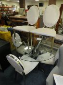 A MODERN CIRCULAR GLASS TOP TABLE WITH FIVE GHOST STYLE UPHOLSTERED CHAIRS