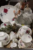 A TRAY OF ASSORTED CERAMICS TO INC ROYAL ALBERT SET ROMANCE TEA WARE, FLATBACK STYLE FIGURE A/F ETC