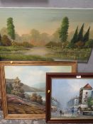 A SELECTION OF THREE ASSORTED OIL PAINTINGS ETC TOGETHER WITH A FRAMED PICTURE AND A MIRROR (5)