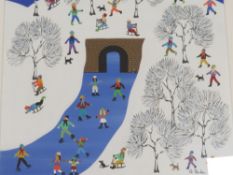 (XXI) GORDON BARKER - A MODERN FRAMED AND GLAZED PAINTING 'SKATING ON ICE'