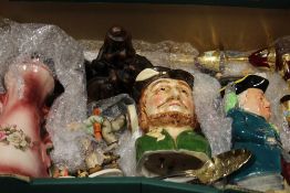 A TRAY OF ASSORTED CHARACTER JUGS ETC