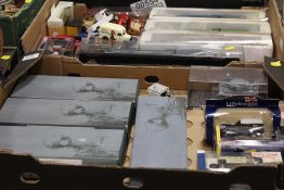 TWO TRAYS OF ASSORTED MODEL TRAINS, SHIPS AND DIECAST VEHICLES TEC